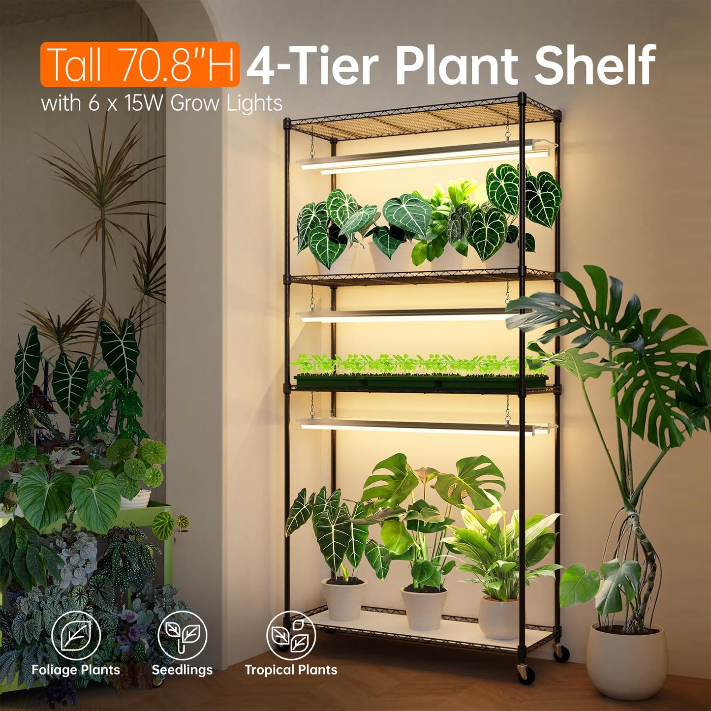 Bstrip Plant Shelf with Grow Light, Tall Grow Light Shelf, Plant Stand with 6 Pack 90W Full Spectrum Plant Lights for Indoor Plants, Seed Starting, Seed Tray, 35.4" Lx13.8 Wx70.8 H