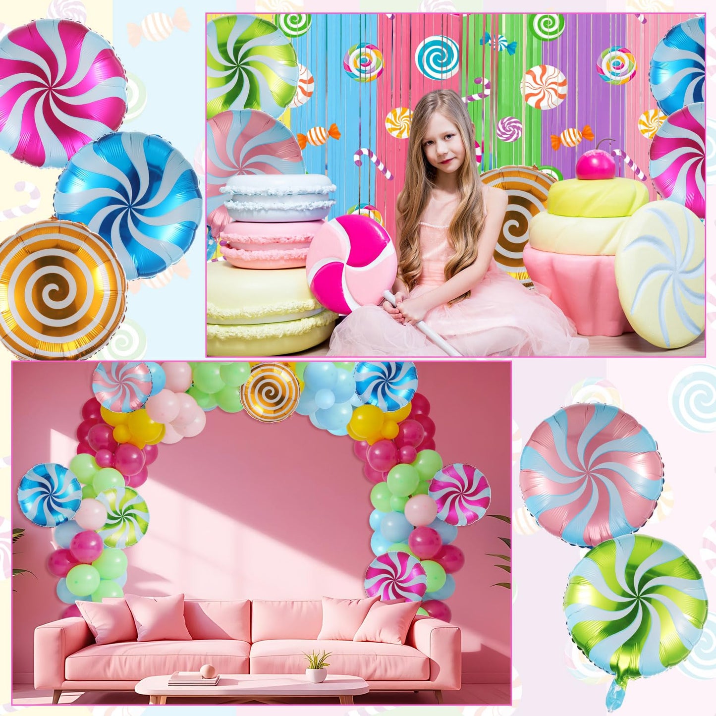 Blosssound Candy Party Decoration with 2 Packs 3.3 x 6.6 ft Candy Foil Fringe Curtain and 97 Pcs Sweet Balloons Garland Arch Kit with Lollipop Foil Balloon for Birthday Party Decorations Supplies