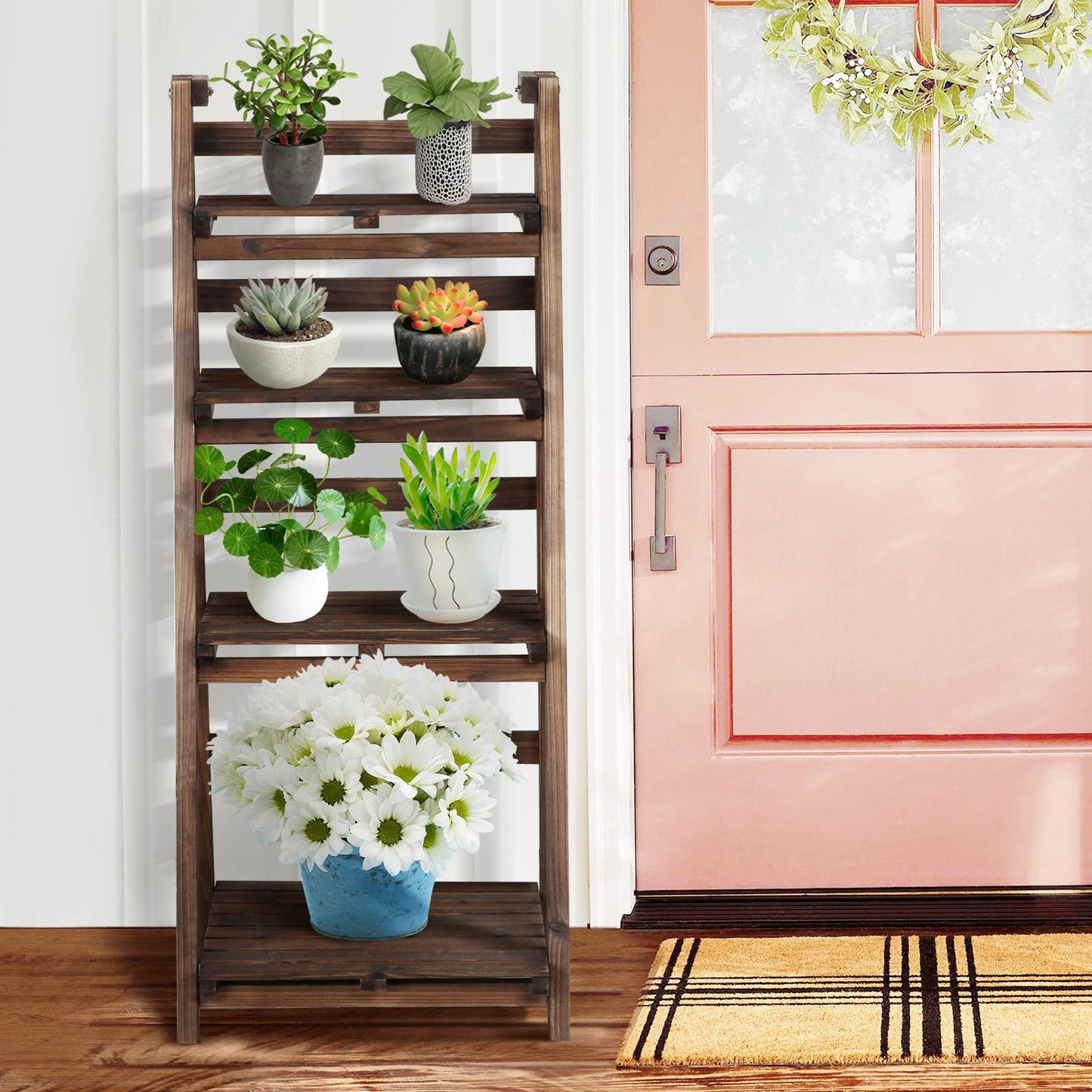 Yaheetech Foldable Ladder Shelf Wooden Plant Stand Indoor Outdoor Shelves No Assembly Flower Display Multi-Functional Shelves Outdoor Storage Shelf for Living Room/Garden/Office/Kitchen Brown