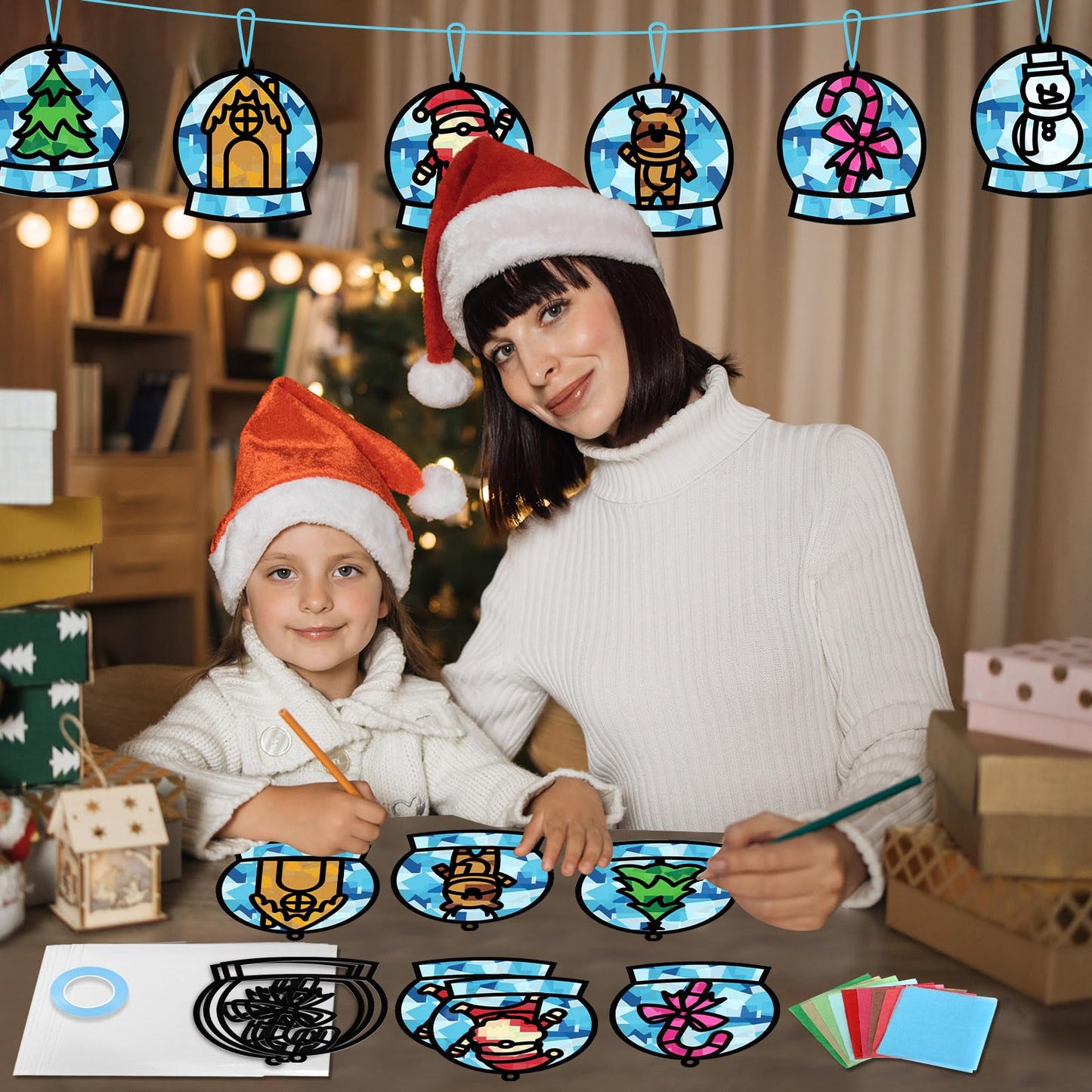 Qyeahkj 36 Set Winter Christmas Suncatchers Craft Kit for DIY Santa Snowman Reindeer Globe Tissue Paper Craft Kit Hanging Decor for Xmas Home Activity Art Project Birthday Party Favor Gift
