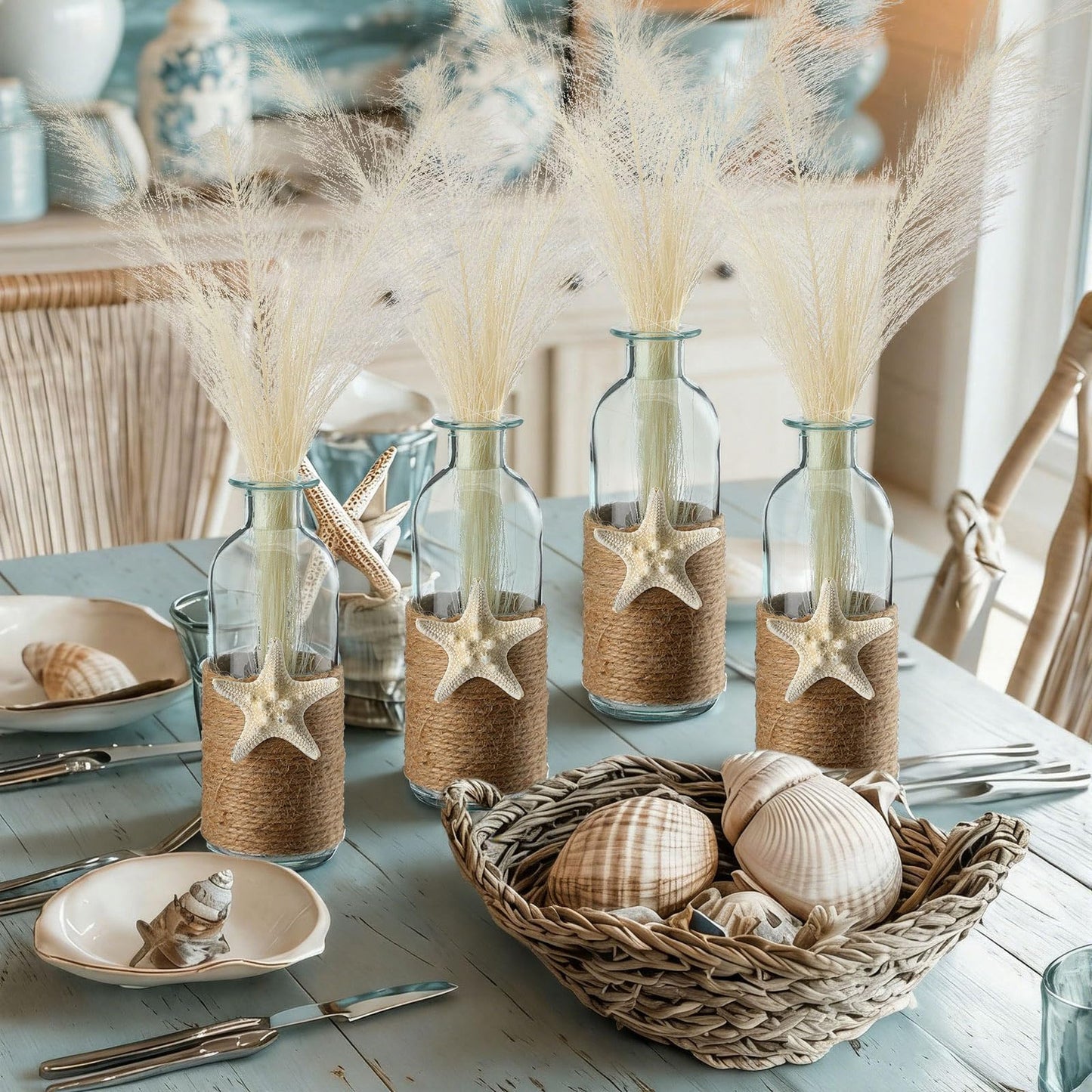 Vicenpal Set of 4 Blue Bud Glass Vase Coastal Starfish Small Flower Vase with Artificial Reeds Boho Rope Beach Decorative Table Centerpiece for Coastal Nautical Wedding Floral Room Decor