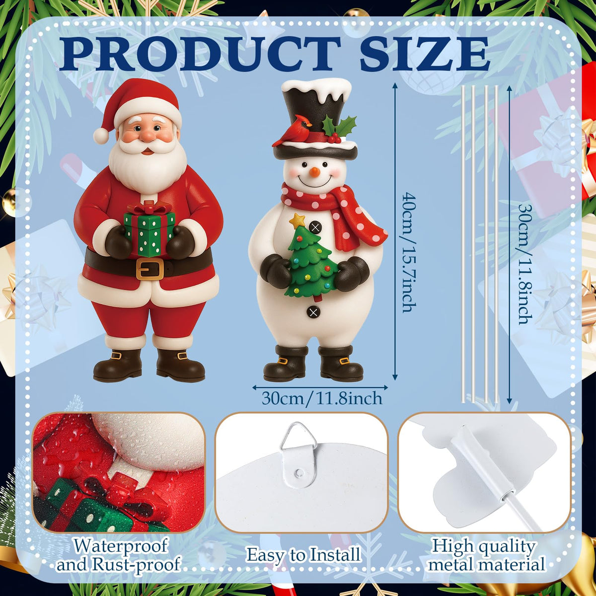 Nuanchu 2 Pcs Metal Christmas Yard Signs Decorative Santa Claus Snowman Yard Sign Stake 27.6 Inches Waterproof Xmas Garden Signs Christmas Outdoor Decorations for Outside Xmas Garden Holiday Party