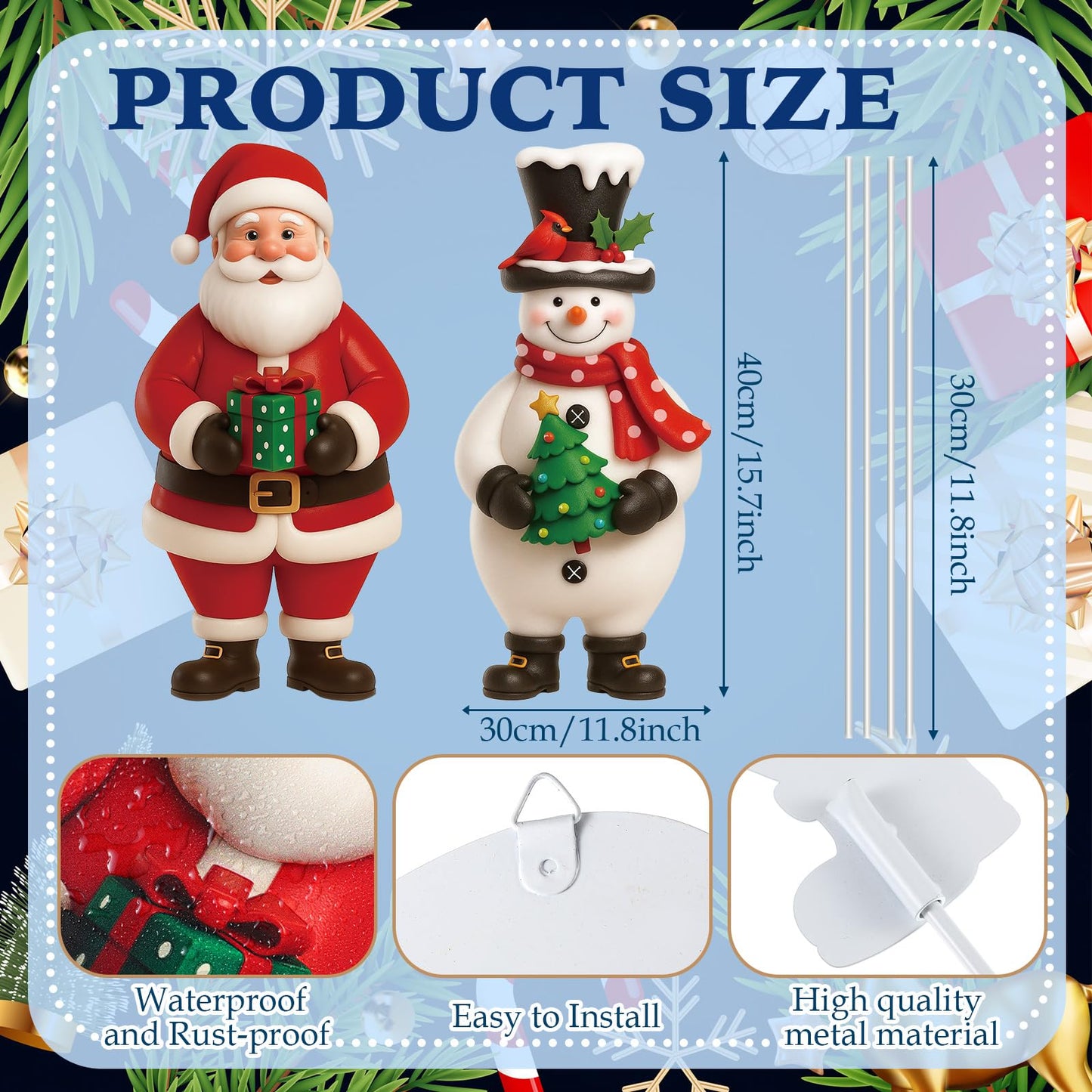 Nuanchu 2 Pcs Metal Christmas Yard Signs Decorative Santa Claus Snowman Yard Sign Stake 27.6 Inches Waterproof Xmas Garden Signs Christmas Outdoor Decorations for Outside Xmas Garden Holiday Party