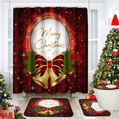 ArtSocket 4 Pcs Shower Curtain Set Christmas Bells Bow Snowflakes Red with Non-Slip Rugs Toilet Lid Cover and Bath Mat Bathroom Decor Set 72" x 72"