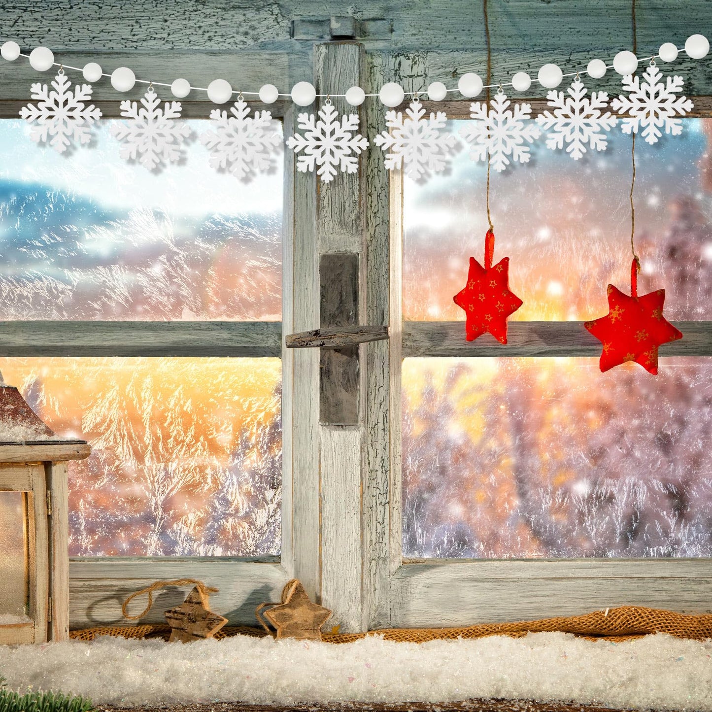 VioraWhite Christmas Decorations Felt Snowflake Banner Winter Pom Pom Hanging Garland Christmas White Snowflake Snow Ball String Banner for Winter Xmas Party Fireplace Mantle Decor