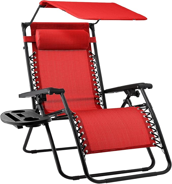 Best Choice Products Folding Zero Gravity Outdoor Recliner Patio Lounge Chair w/Adjustable Canopy Shade, Headrest, Side Accessory Tray, Textilene Mesh - Crimson Red