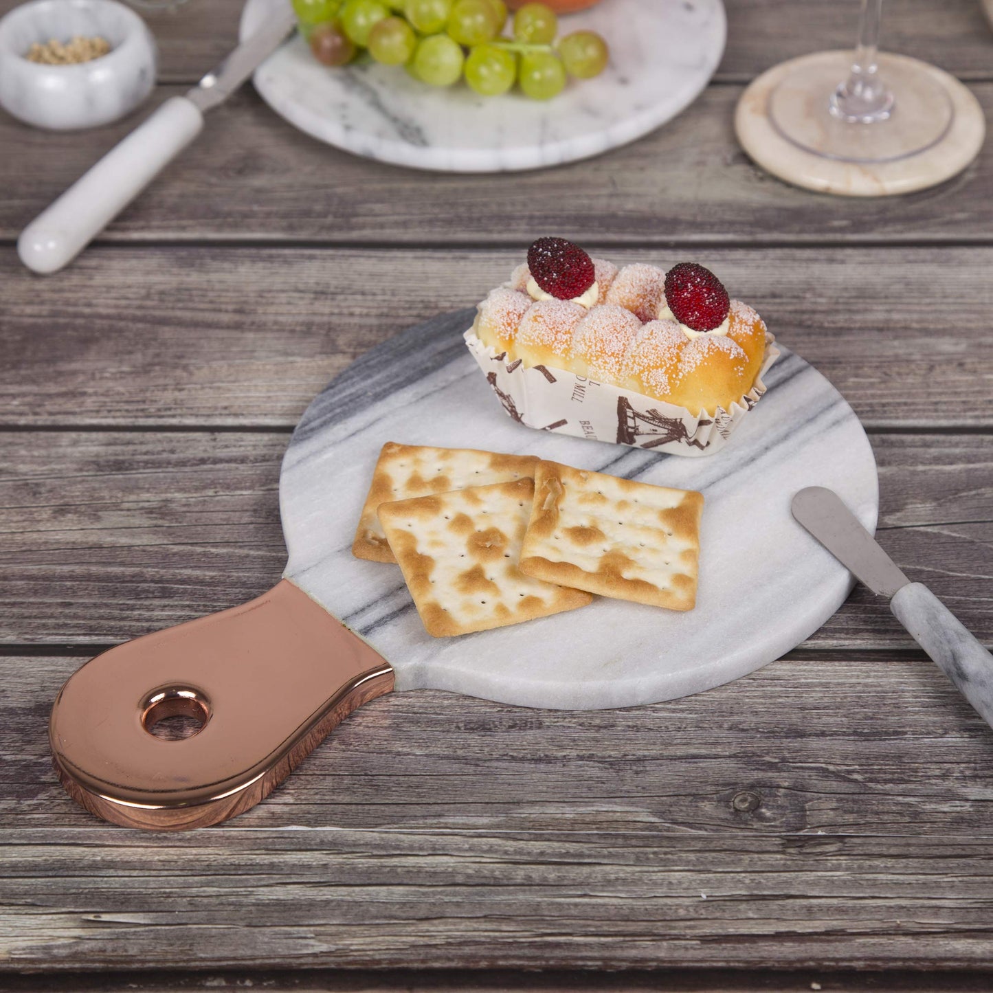 Creative Home Natural Marble Cheese Serving Paddle Board Charcuterie Board Party Serving Platter with Stainless Steel Copper Trim Handle for Kitchen Dining Room, 12.2" x 8" x 0.5" H, Grey (Off-White)