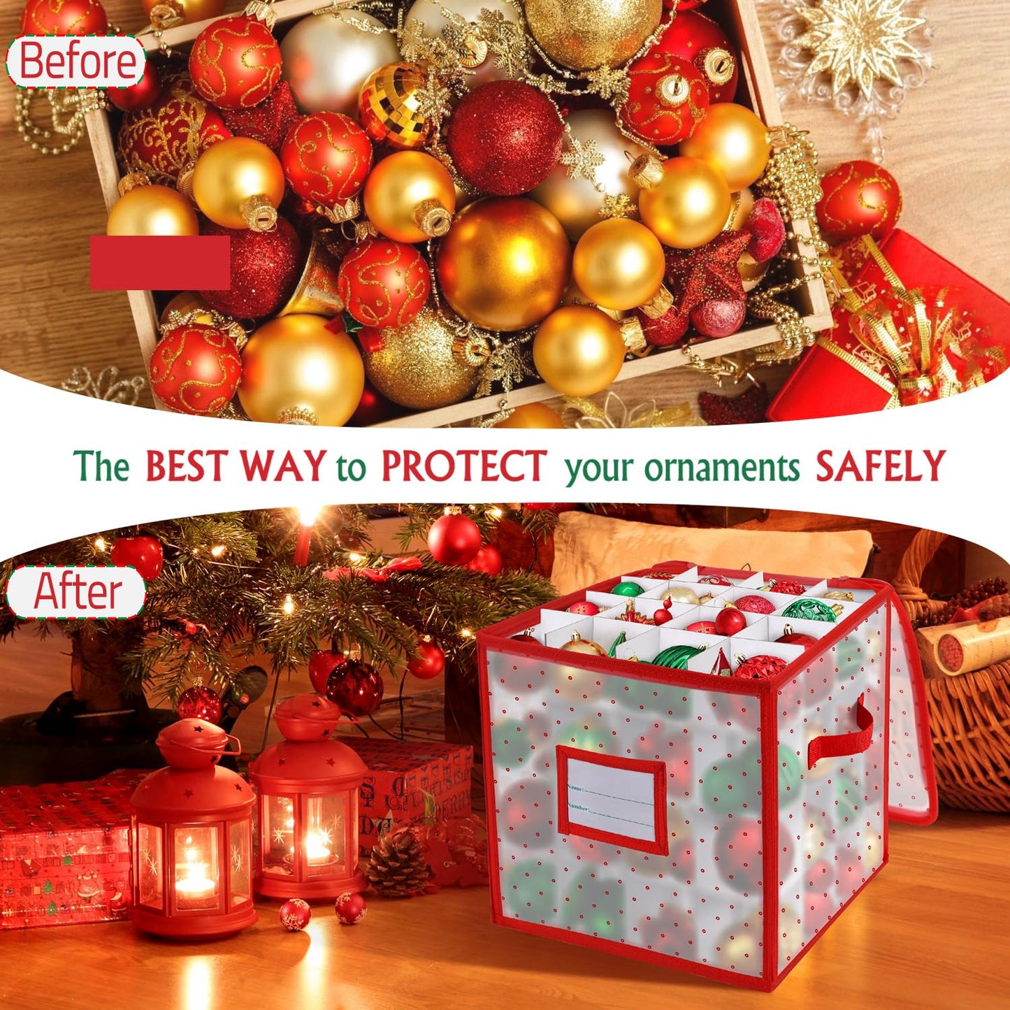 BINSUNS Christmas Ornament Storage Box, Christmas Storage Containers Organizer Bag with Dividers - Fits up to 64 Holiday Xmas Ornaments Decorations 3" Seasons Balls(Red)