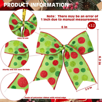 Wninbu 12 Pcs Red Green Christmas Bows,6 Inch Large Christmas Wreaths Bows for Tree Gift Wrapping Garland,Christmas Decoration Holiday Party Crafts Xmas Tree Ribbon Ornaments (Glitter dot-White)