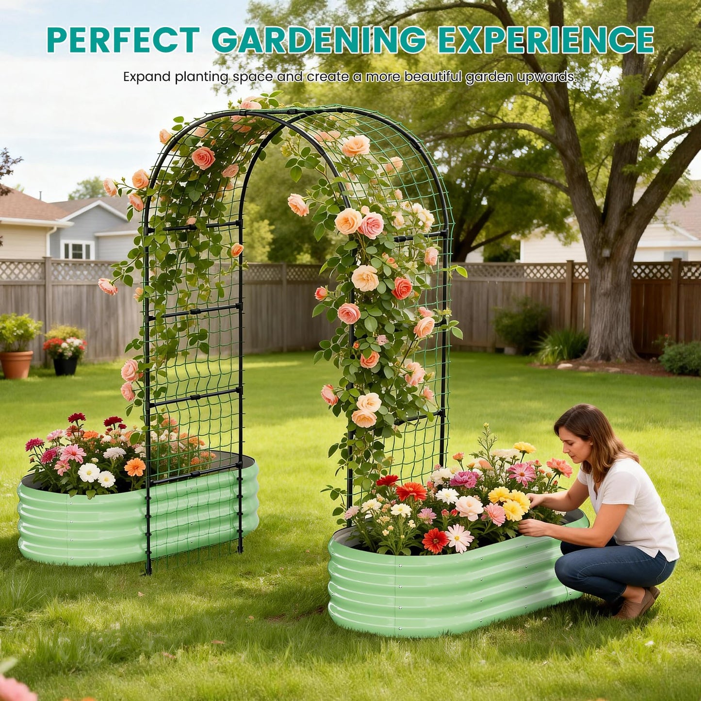 SUNYRISY Galvanized Raised Garden Bed with 87" H Arch Trellis for Climbing Plants Outdoor, Metal Planter Box with Netting for Gardening Flowers Vegetables Fruit Herb, Green