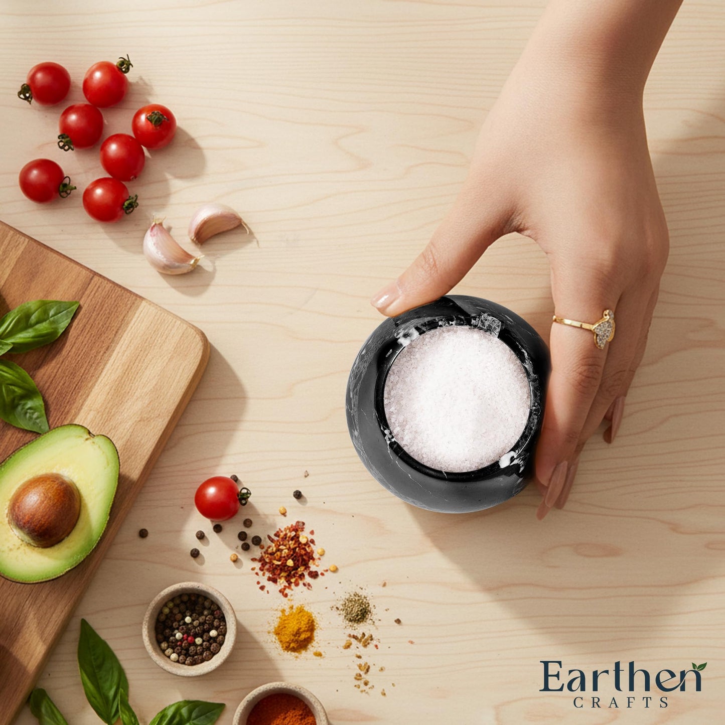 EARTHEN CRAFTS Marble Salt Cellar with Lid & Spoon, Black, 3" Salt Box Natural Stone Salt Holder For Countertop Salt Dish Spice Jar Seasoning Storage Containers for Kitchen Table Decor