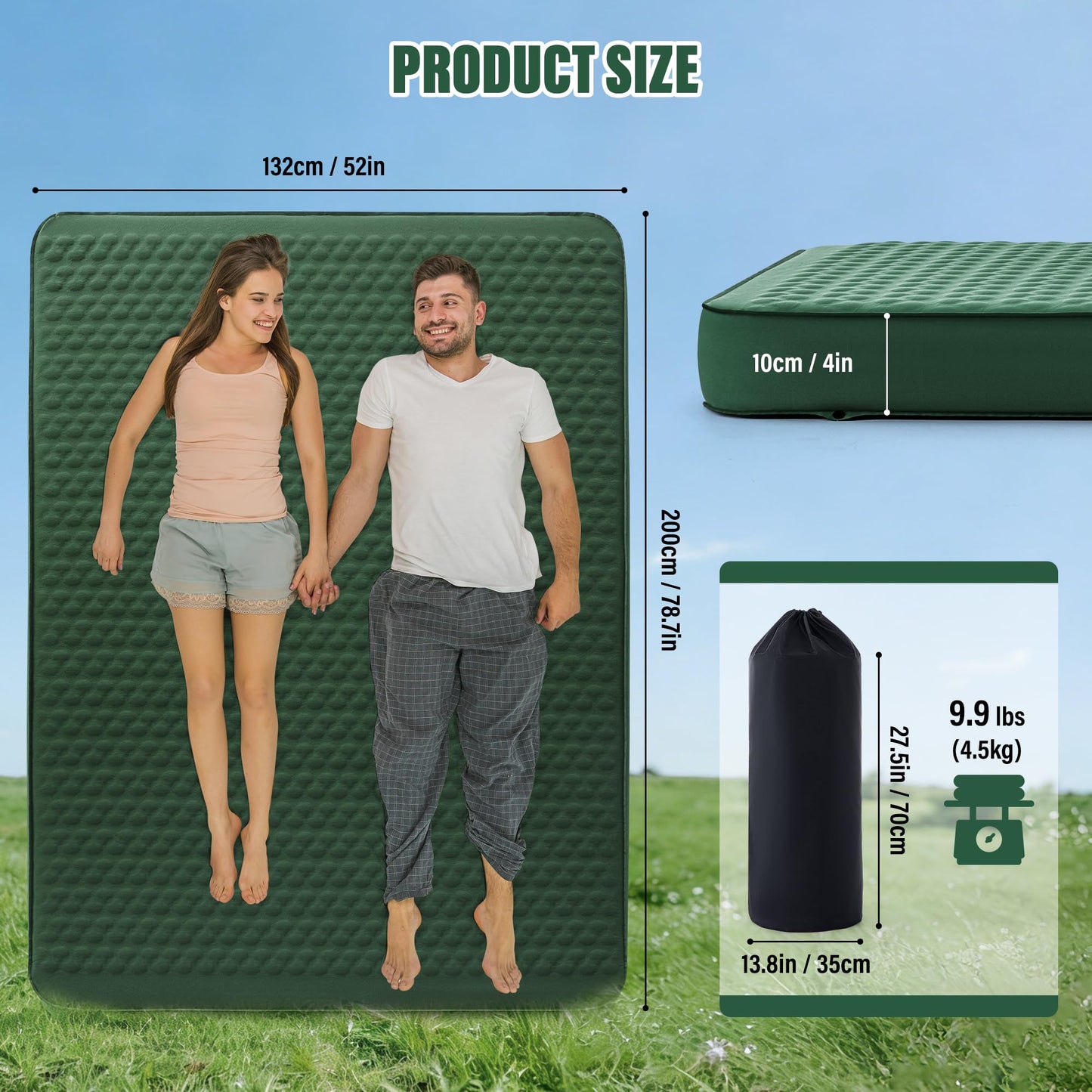 Self Inflating Double Sleeping Pad for Camping with Electric Pump 4 Inch Ultra Thick Memory Foam 2 Person Inflatable Sleeping Pad All Season Full Size Portable Camping Mattress for Travel,Tent (Green)