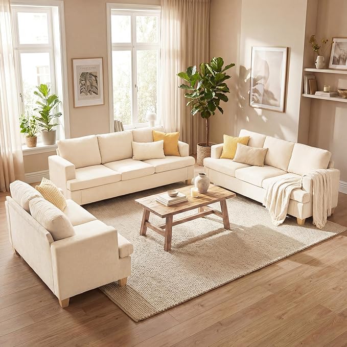 YOUDENOVA Sofa, 3 Piece Set Comfy Sofa, Loveseat & 2 3-Seater Couch