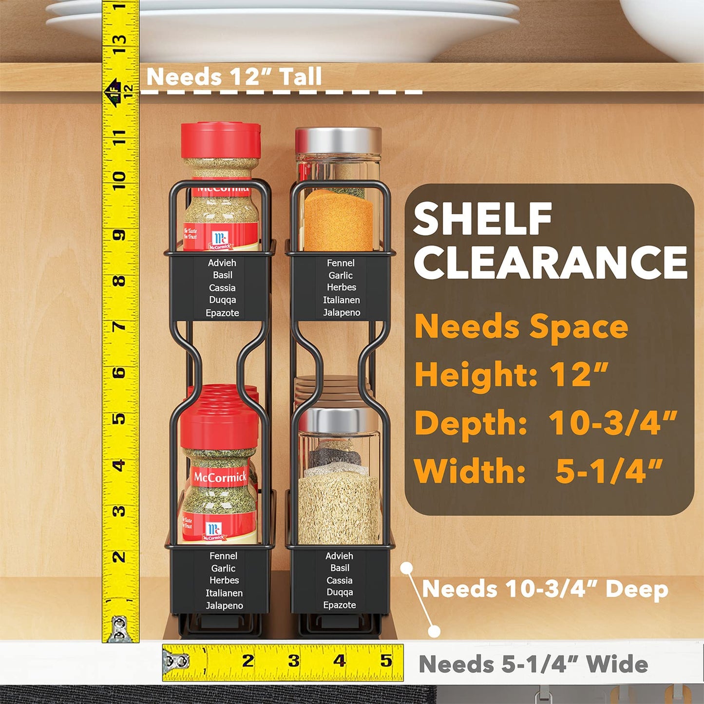SpaceAid Pull Out Spice Rack Organizer for Cabinet, Heavy Duty Slide Out Seasoning Kitchen Organizer, Cabinet Organizer, with Labels, 5.2" W x10.75 D x10 H, 2 Drawers 2-Tier