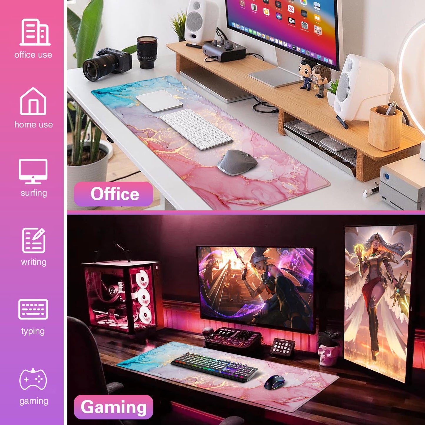 Acezeek Large Mouse Mat,Gaming Mouse Pad,900X400mm(35.4X15.7in) XXL Mousepad,Desk Protector Mat with Anti-Slip Base,Waterproof&Durable Mousemat for Gaming,Office,Home(Pink Blue)