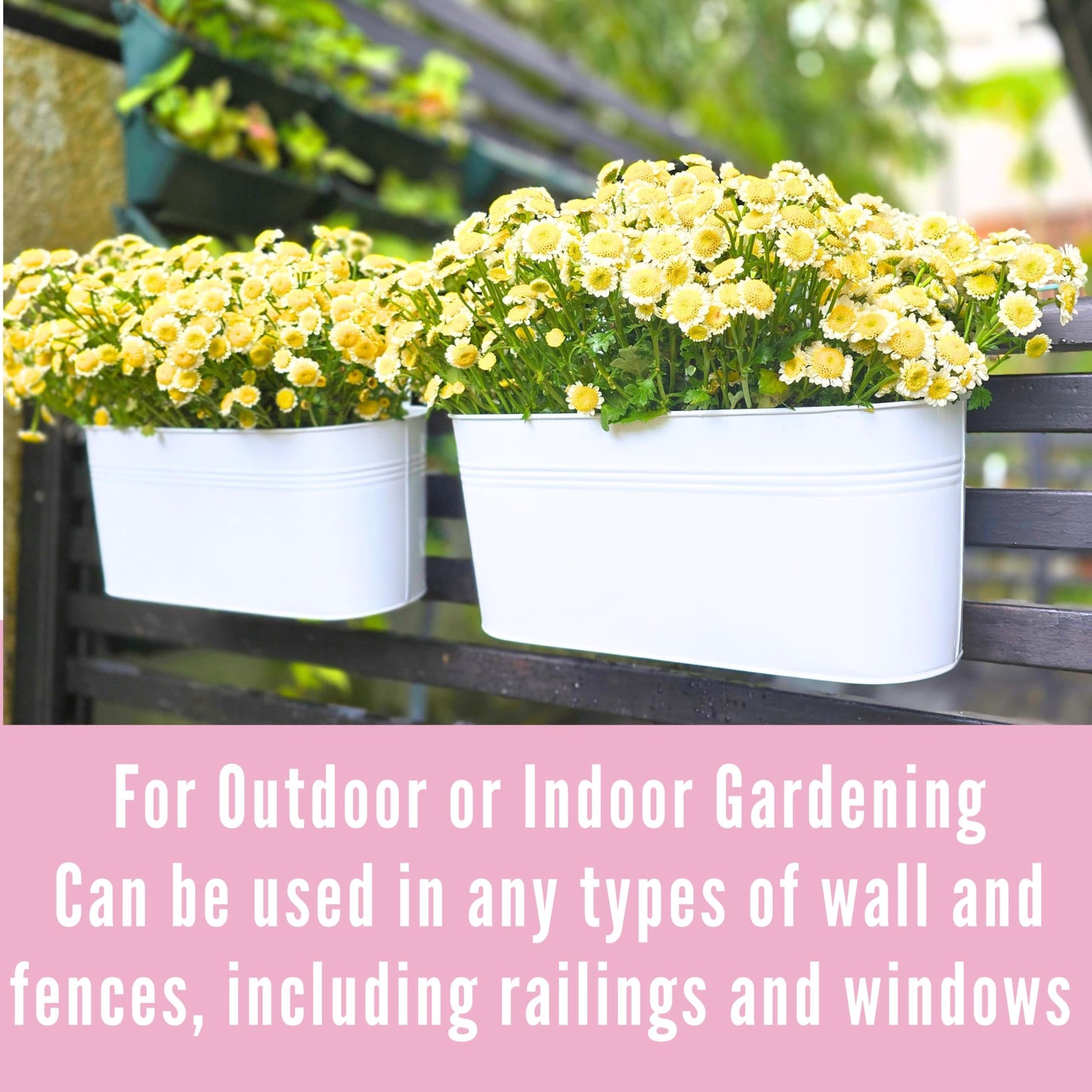 LaLaGreen Outdoor Plants Rail Planter (16 Inch, 6 Pack) White Metal Iron Hanging Flower Pots Deck Railings Fence Buckets Modern Boho Style Wall Mount Window Boxes Plant Holder Hooks Porch Home Decor