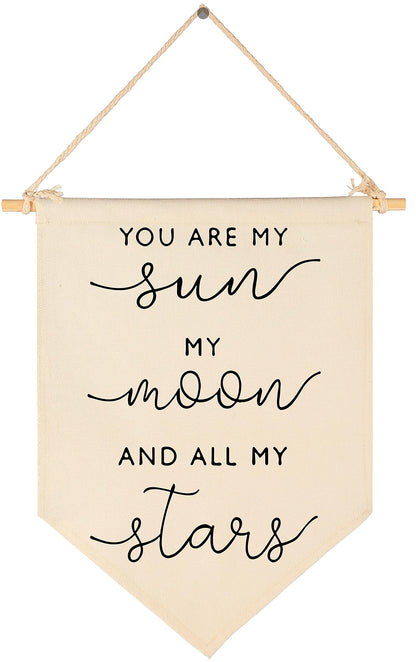 Nursery Wall Art-Nursery Bedroom Gift-My Sun My Moon and All of My Stars-Canvas Hanging Pennant Flag Banner Wall Sign Decor Gift for Baby Girl Boy Kids Room Playroom Decor