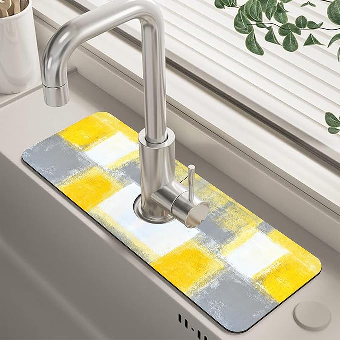 Grey and Yellow Abstract Kitchen Sink Splash Guard Mat Absorbent Fast Drying