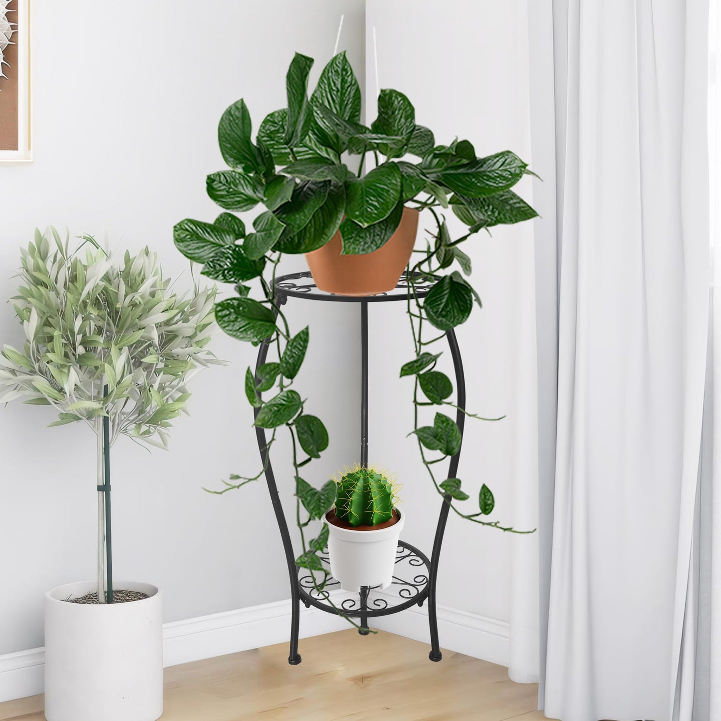 NOAMOO Metal Plant Stand 2 Tier Indoor Outdoor, Tall Flower Pot Shelf Rustproof Stable Corner Stand, 25.2 inch Multiple Plant Display Rack for Living Room Patio Balcony Garden