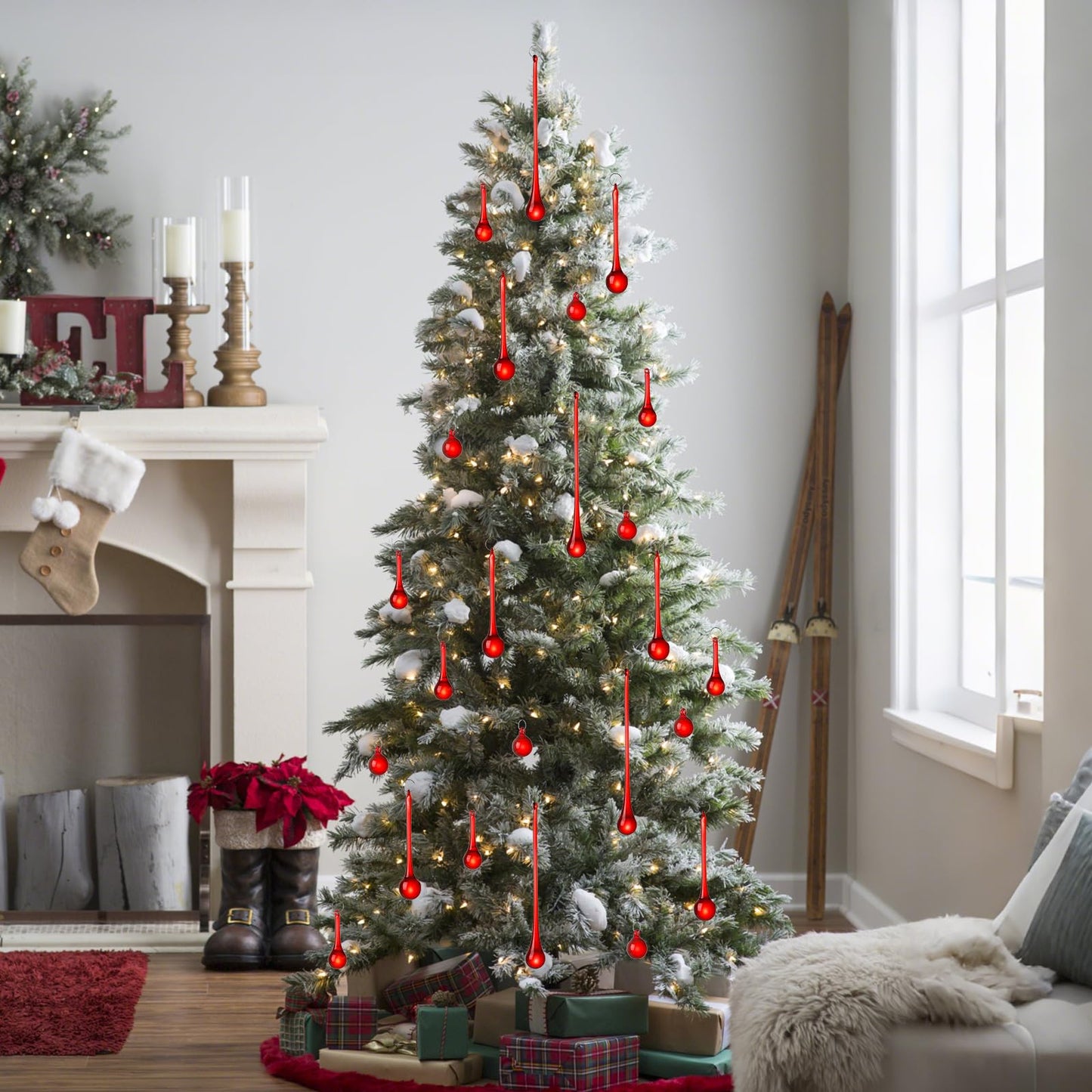 LONGWIN 40pcs Red Crystal Glass Teardrop Ornaments for Christmas Tree, Chandelier Crystals Replacement Parts, 4 Styles Xmas Raindrop Centerpiece Decor