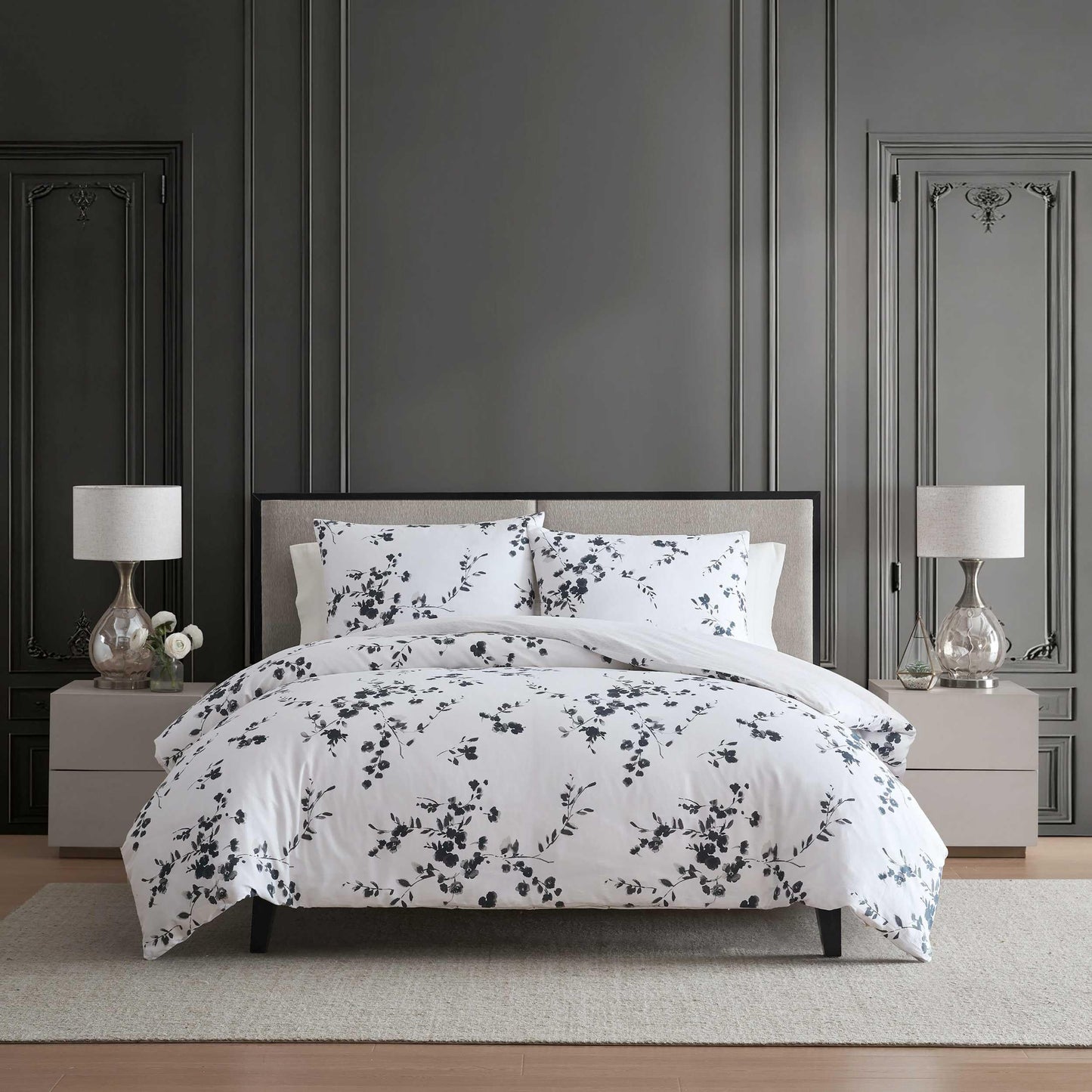 Vera Wang - Queen Size Duvet Cover Set, 100% Soft & Smooth Cotton Sateen Floral Bedding, 3-Piece Reversible Bed Set with Matching Pillowcases (Noir Bouquet/Ikat Line Grey)