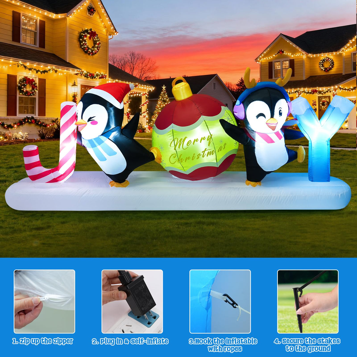 Meland 10FT Christmas Inflatable Outdoor Decorations, Christmas Blow Up Joy with Dancing Penguins & Candy Cane,Lighted Outdoor Yard Inflatable Cute Xmas Decor for Holiday Lawn Display
