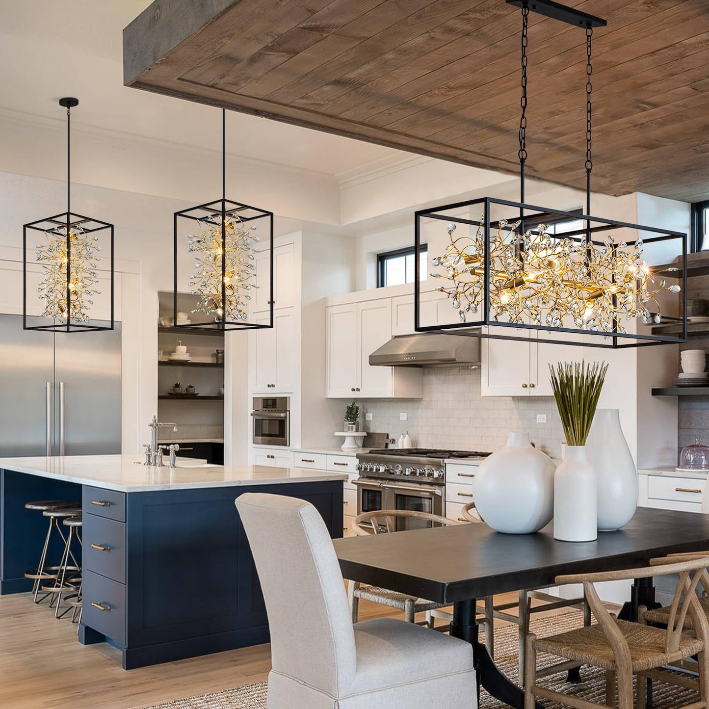 Vezzio Black and Gold Crystal Chandeliers for Dining Room, 8-Light Rectangle Modern Farmhouse Light Fixture, L38.5 in Adjustable Linear Chandelier Kitchen Island