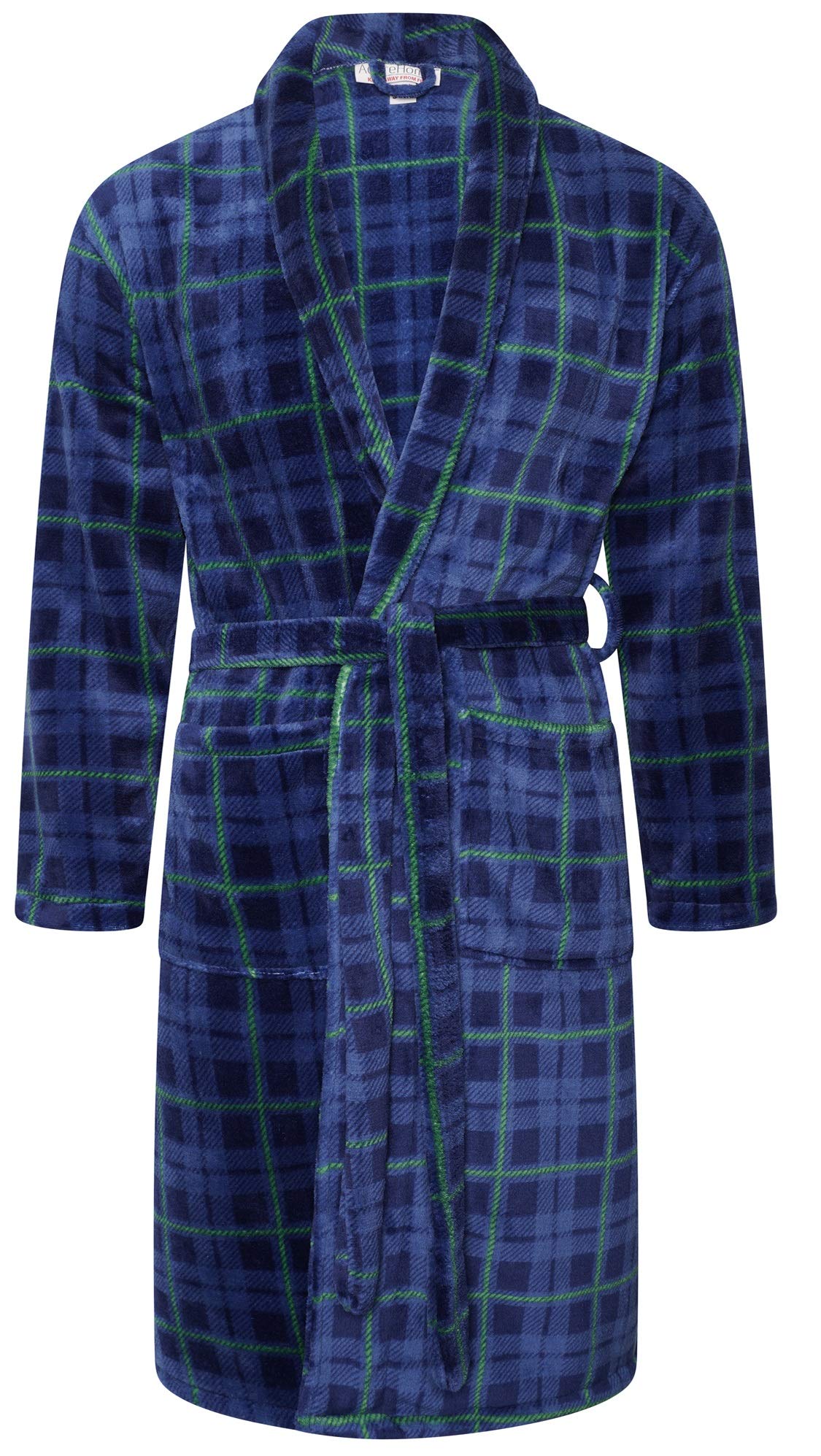 Adore Home Mens Soft Warm Flannel Fleece Bathrobe Mens Dressing Gown Shawl Collar, Check Blue, L-XL