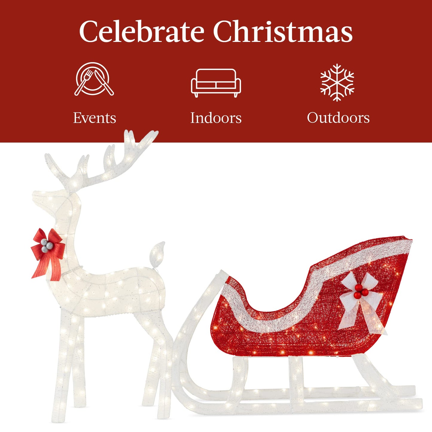 Best Choice Products Lighted Christmas 4ft Reindeer & Sleigh Holiday Outdoor Yard Decoration Set w/ 205 LED Lights, Stakes, Zip Ties - White