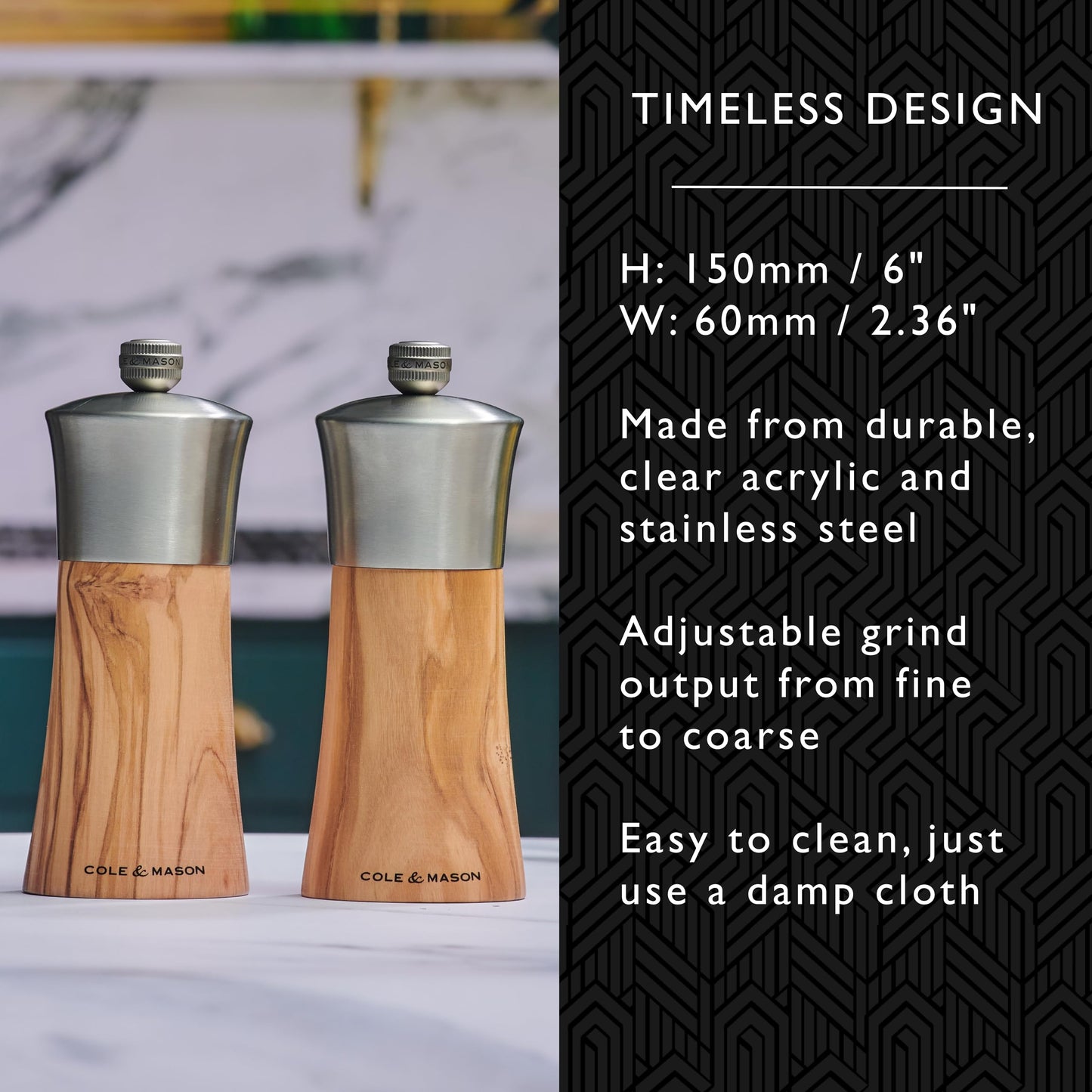 Cole & Mason Bromley Salt Mill, Ceramic Mechanism with Adjustable Coarseness, Olive Wood/Stainless Steel Salt Grinder, 150mm