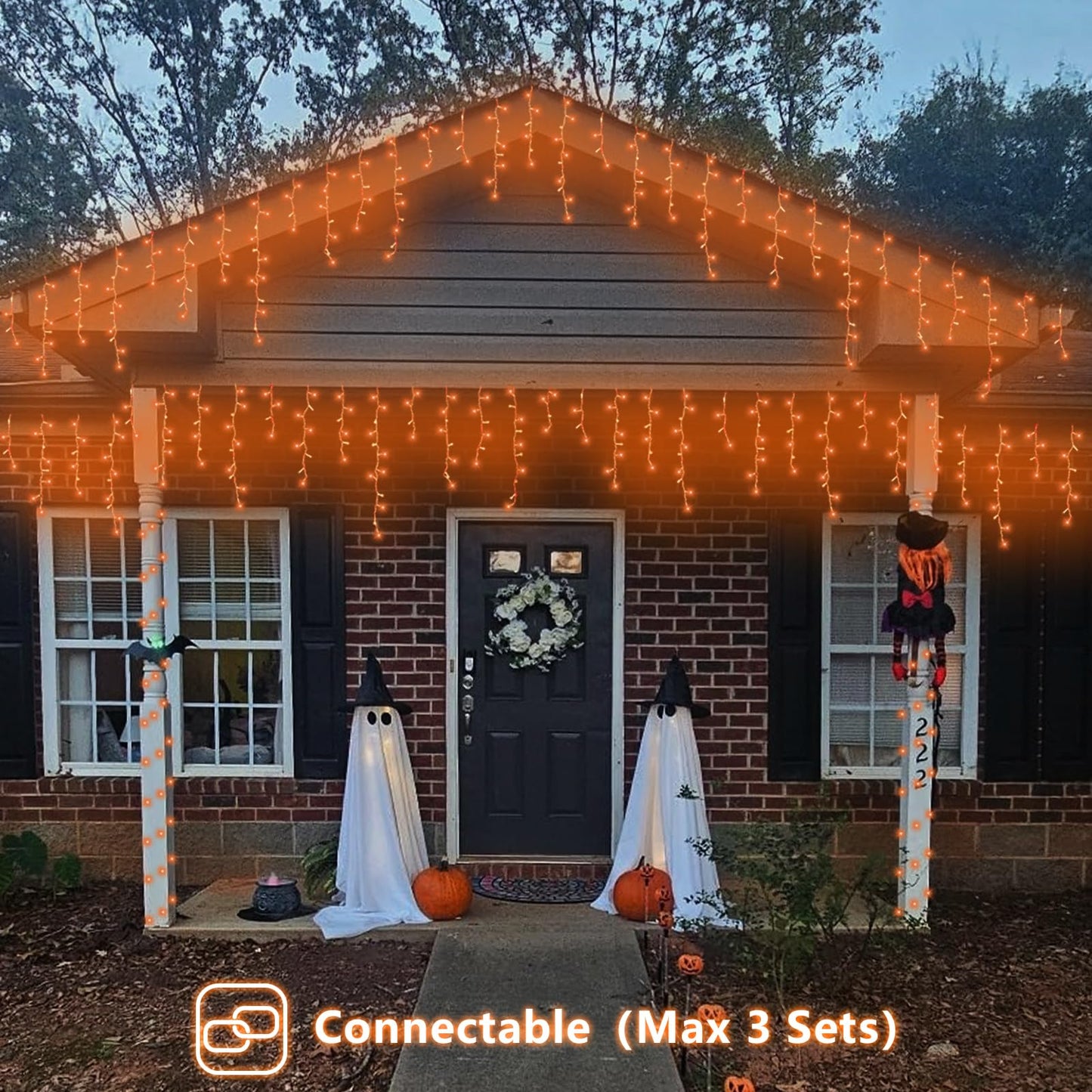 YEGUO 33ft 400 LED Orange Thanksgiving Lights, Connetable Icicle Light Outdoor Waterproof, 8 Modes Christmas Lights Indoor Plug in for Thanksgiving House Patio Fall