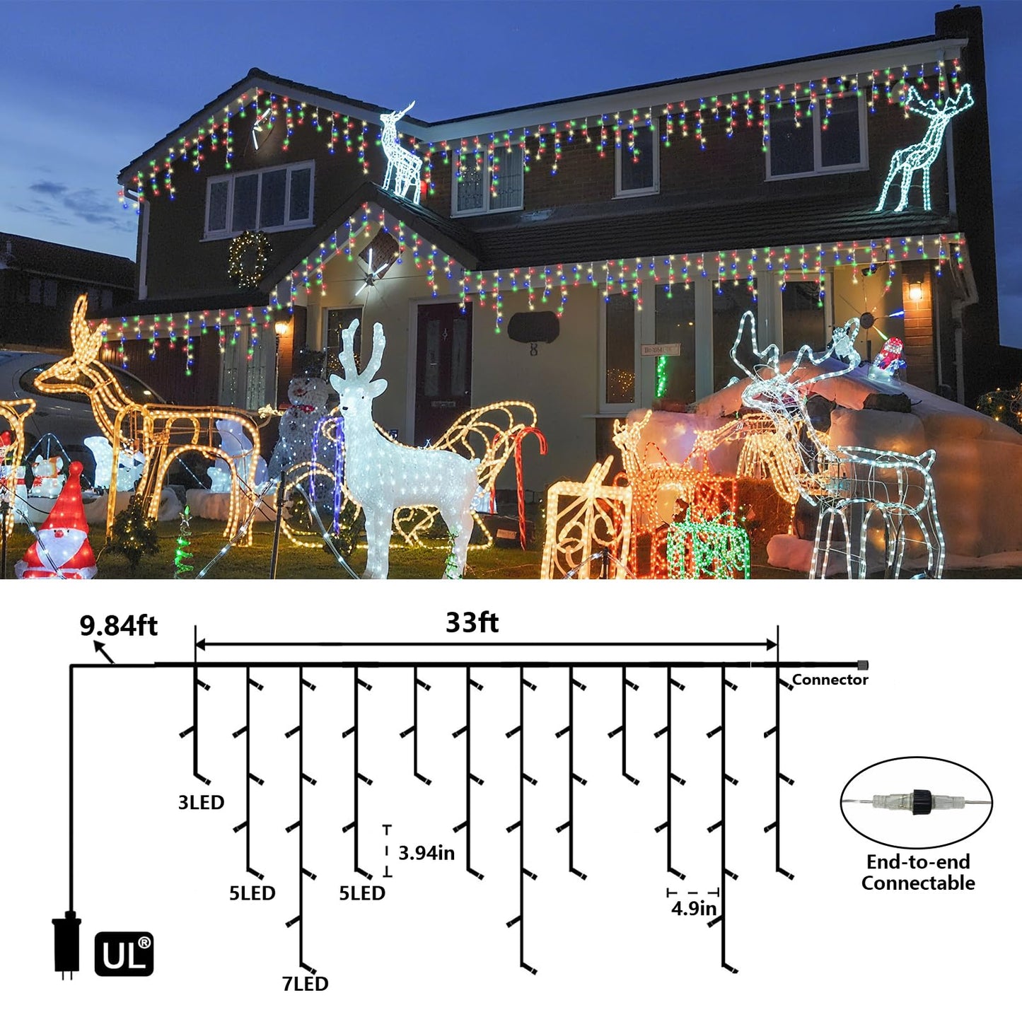 QITONG Multicolor Icicle Lights for Outside, 33ft 400 LED String Lights Indoor, Clear Wire Connectable Icicle Christmas Lights Plug in with 8 Modes