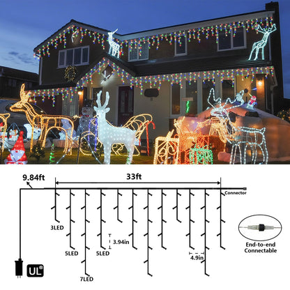QITONG Multicolor Icicle Lights for Outside, 33ft 400 LED String Lights Indoor, Clear Wire Connectable Icicle Christmas Lights Plug in with 8 Modes