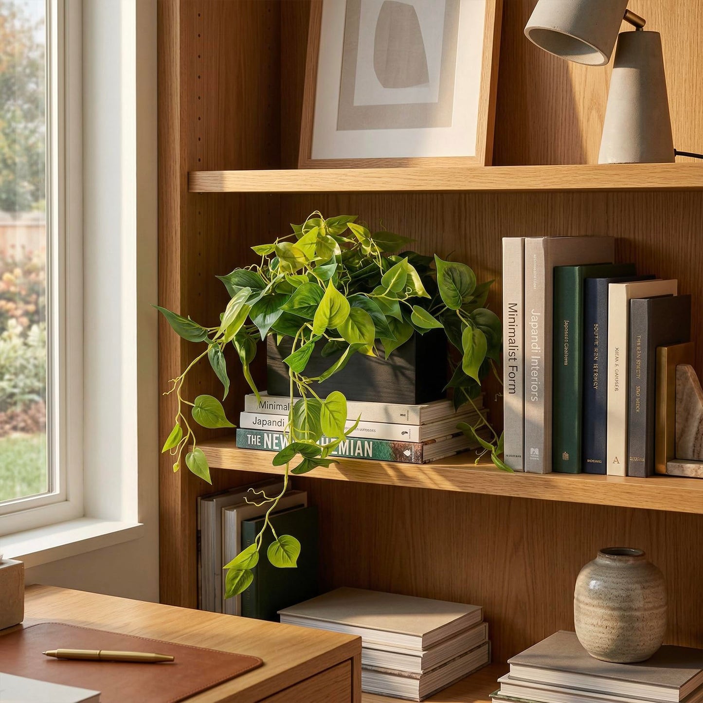 MyGift Vibrant Lifelike Artificial Plant Pothos Leafy Vine Greenery in Black Concrete Rectangular Planter Box