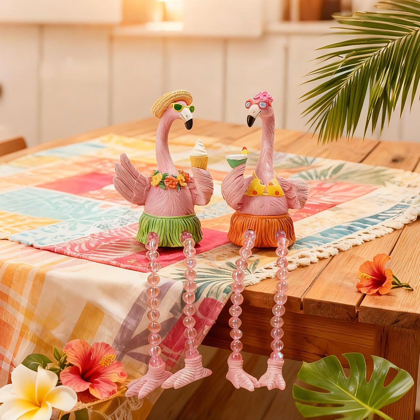 DiliComing Flamingo Decor Pink Gifts Statue - 2 Pcs Resin Collectible Figurine for Summer Tropical Home Decor Valentine Bathroom Yard Party Decorations 7.5 Inches Shelf Sitter with Dangling Legs