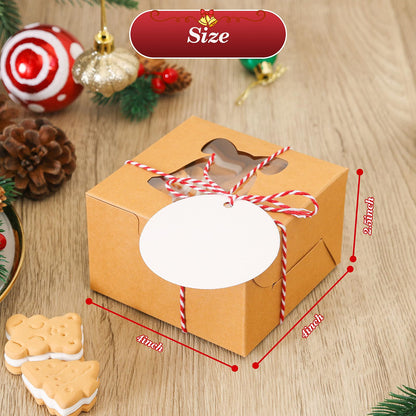 COTOPHER 18Pcs Christmas Cookie Boxes with Window, 4x4x2.5 inch Kraft Brown Bakery Boxes for Gift Giving, Mini Cake Boxes for Treat Donuts Chocolate Strawberries Pastries Muffins