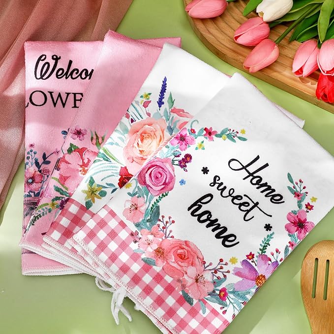 Geyoga 6 Pcs Spring Floral Kitchen Towels Flamingo Dish Hand Towels Sunflower