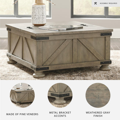 Signature Design by Ashley Aldwin Farmhouse Square Coffee Table with Lift Top for Storage, Grayish Brown