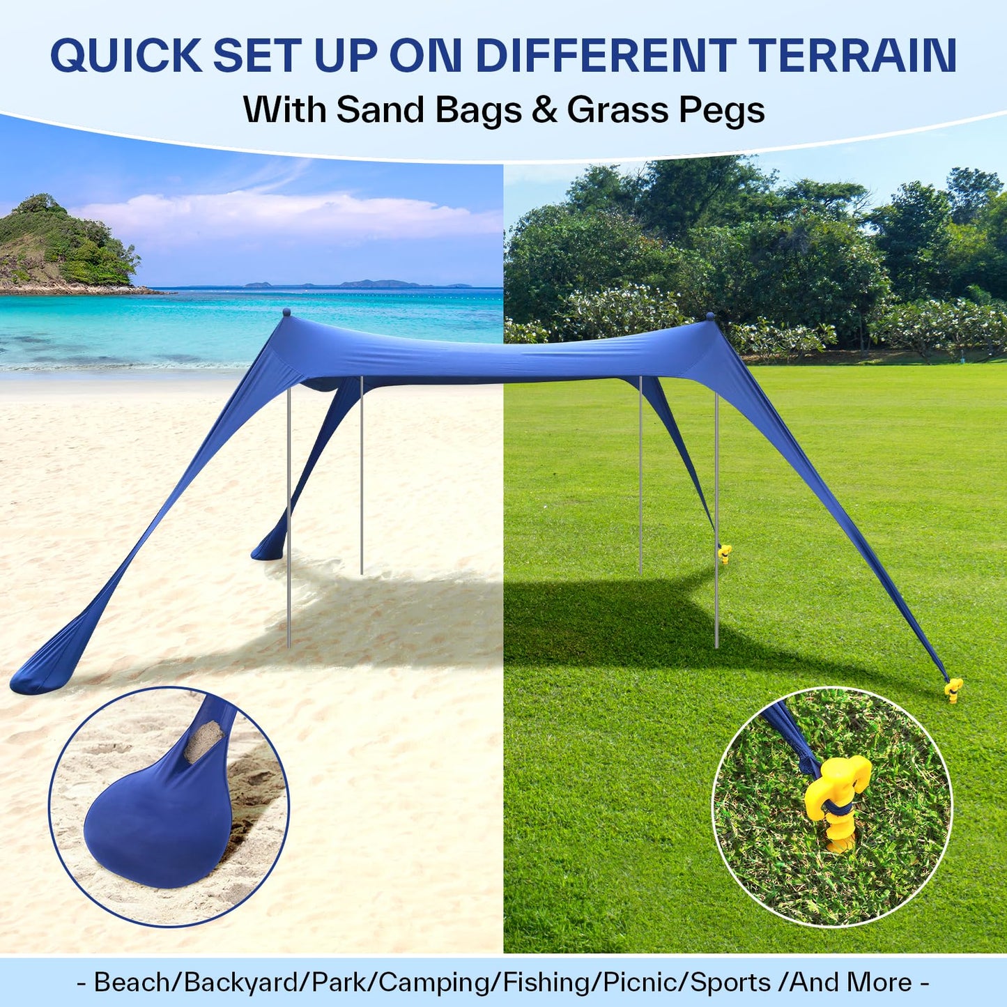 Sportneer Beach Tent, 10x10FT Beach Canopy Sun Shelter UPF50+ with Sandbags, Sand Shovels, Ground Pegs & Stability Poles, Outdoor Beach Shade Canopy for Beach Camping Fishing