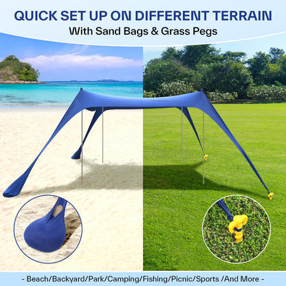 Sportneer Beach Tent, 10x10FT Beach Canopy Sun Shelter UPF50+ with Sandbags, Sand Shovels, Ground Pegs & Stability Poles, Outdoor Beach Shade Canopy for Beach Camping Fishing
