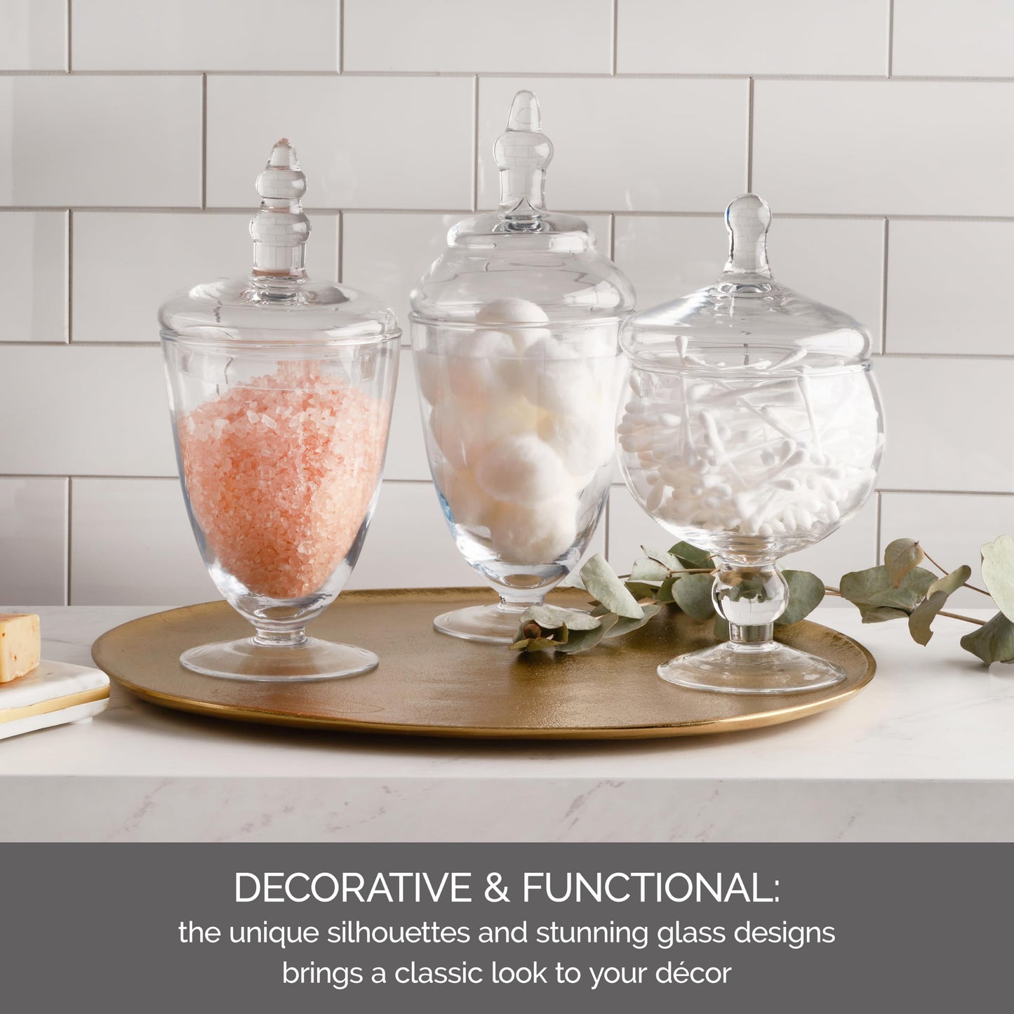 Elements Clear Glass Apothecary Jars with Lids, Set of 3 - Decorative Storage Jars for Home, Kitchen, Bathroom - 10, 9.5, 8.5 Inch Handcrafted Display Jar Set