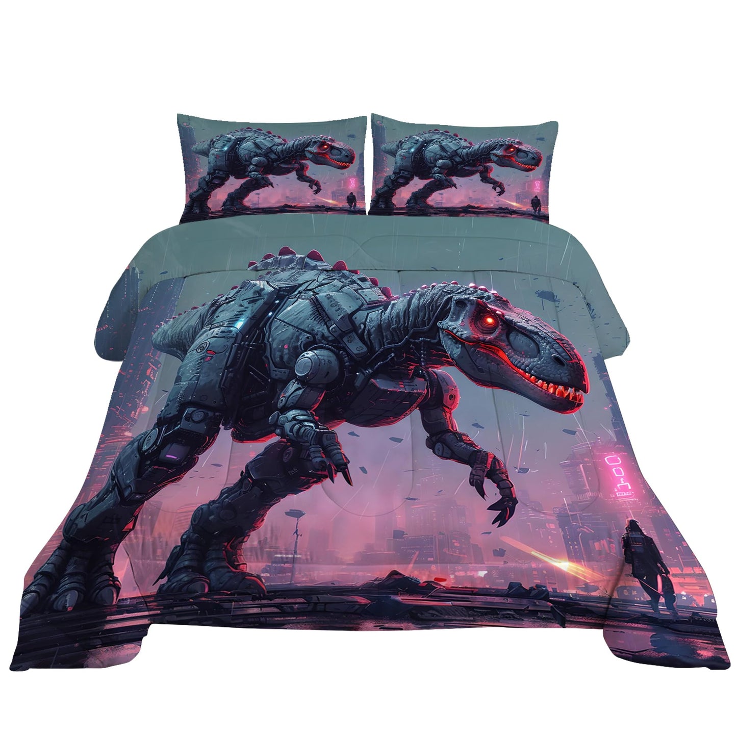 VTKON Kids Dinosaur Comforter Set Full Size Dino Bedding Set for Kids Teens 3D Printed Neon Dino Comforter Sets 3 Pcs Soft Microfiber Boys Bedroom Decor