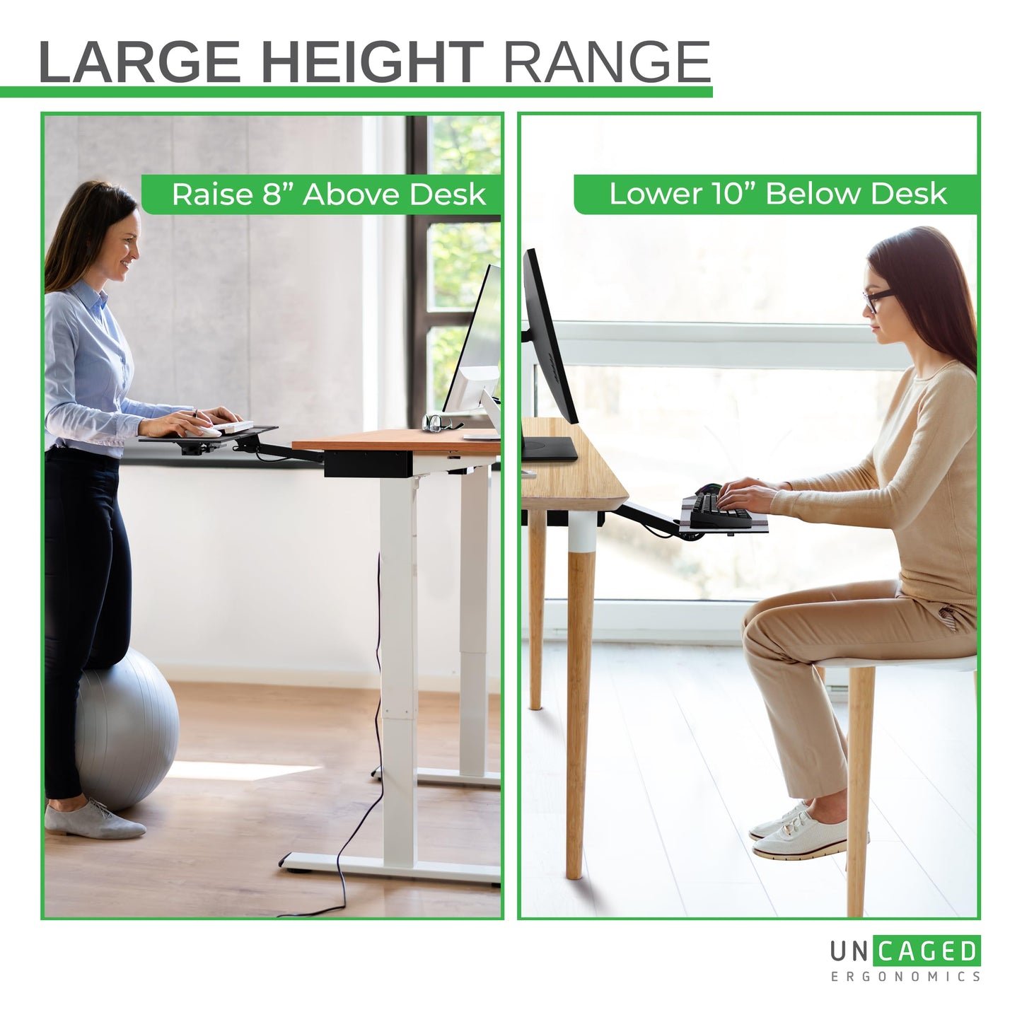 Uncaged Ergonomics KT2-b Under-Desk Adjustable Height & Angle Sit to Stand Up Keyboard Tray with negative tilt Best standing desk computer keyboard holder drawer