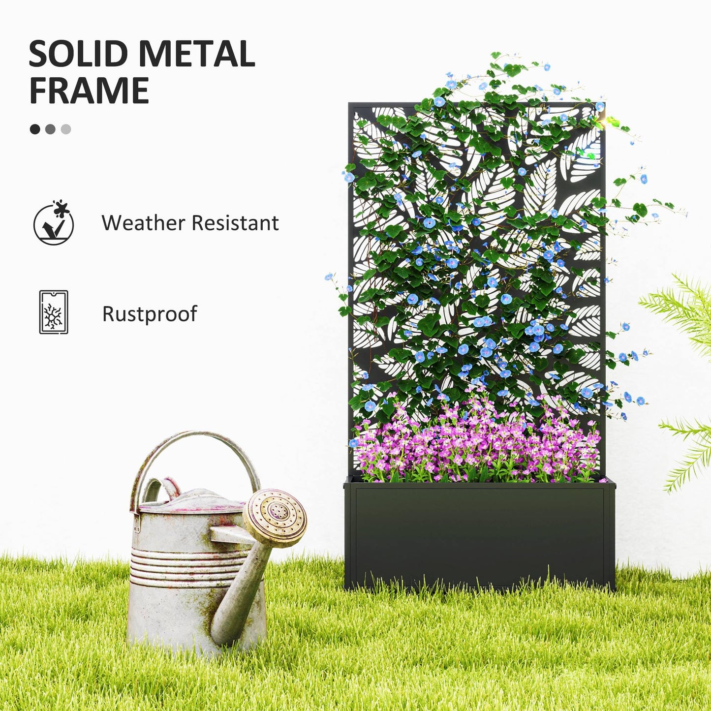 Outsunny Metal Raised Garden Bed with Trellis for Climbing Plants, Freestanding or Wall Mounted Flower Bed with Privacy Panel, Small Leaves Cut-Outs Outdoor Planter Box for Garden, Patio, Balcony