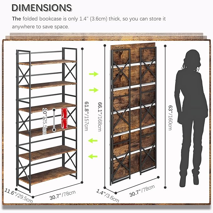 4NM Extra Wide 6 Tiers No Assembly Book Shelves, 61.8" H Folding Bookshelf