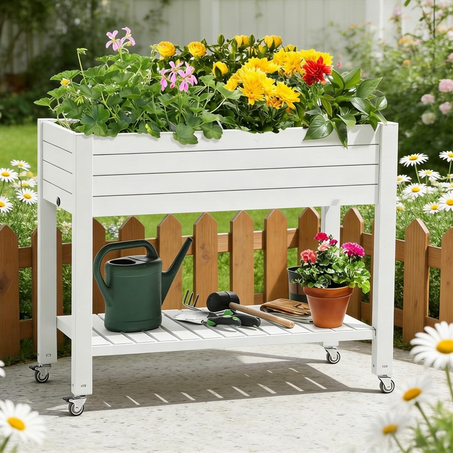 YITAHOME Raised Garden Bed Outdoor 43.3x17.7x34 in Raised Planter Box with Legs, Drain Plug and Storage Shelf, Elevated Planter Box for Plants Vegetables Flowers Herbs, White