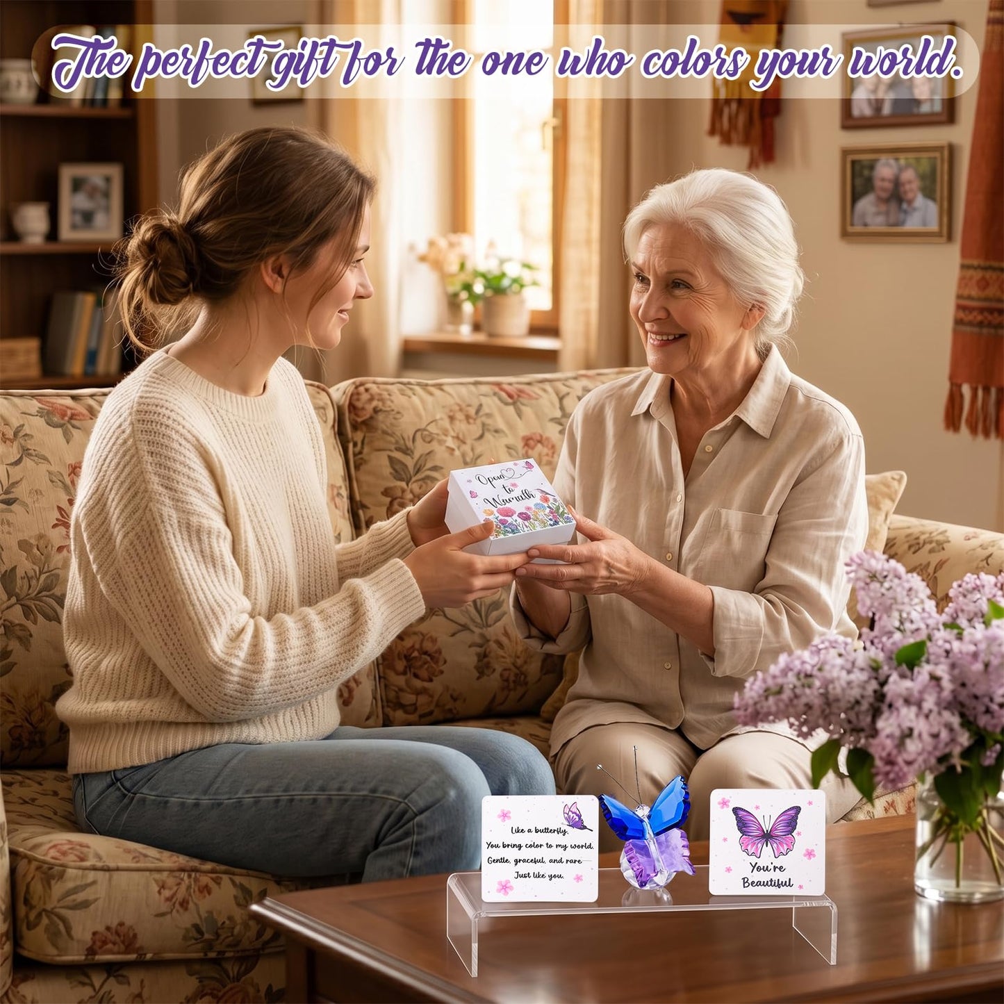 Crystal Butterfly Figurine, "You're Beautiful" Encouragement Gift with Card & Gift Box, Thinking of You Present for Mom Sister, Sympathy Get Well Soon Gift for Women, Blue-Purple Butterfly Decor