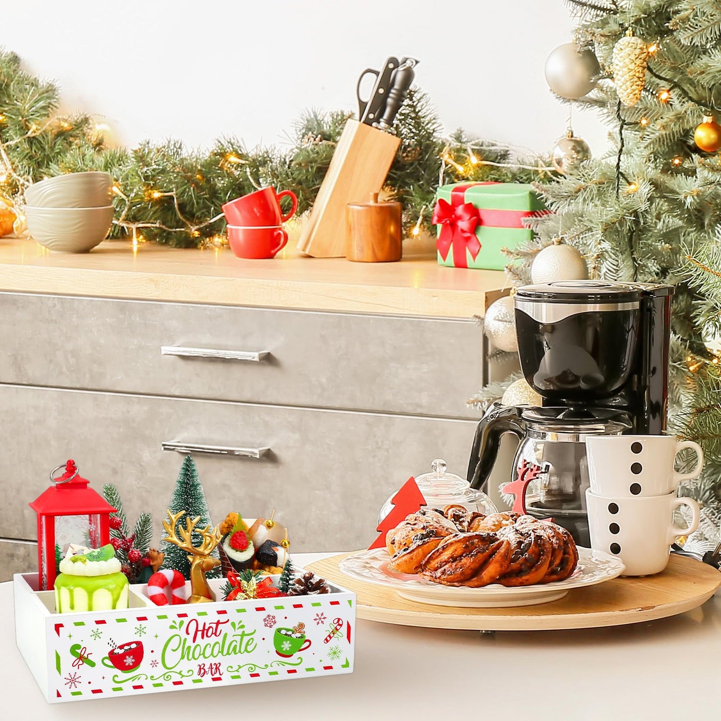 FYSUIMU Christmas Hot Cocoa Wood Storage Box Red-Green Xmas Rustic Wooden Organizer Bins Tabletop with 4 Compartments for Holiday Farmhouse Party Home Office Kitchen Decor