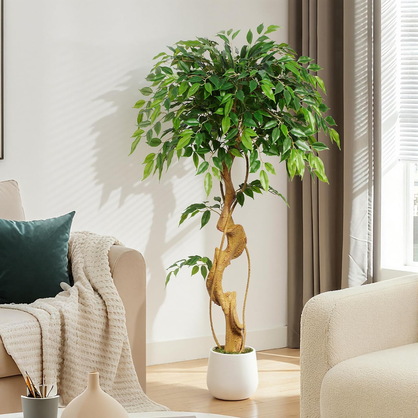 Keeplush 4ft Large Ficus Artificial Trees in White Pot, 48" Tall Fake Silk Tree with Natural Curved Trunk, Lush Faux Ficus Tree for Indoor Home Decor, Living Room, Office & Patio