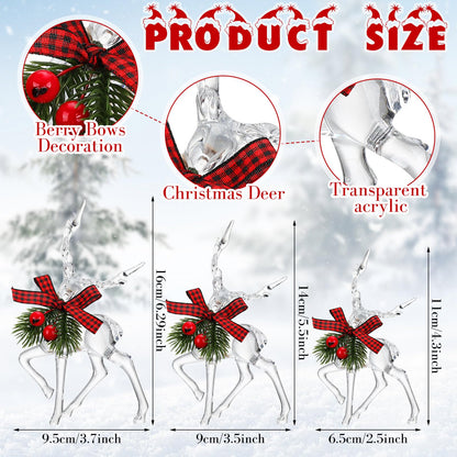 Jenaai 3 Pcs Christmas Reindeer Figurine Acrylic Reindeer Desk Decorations Deer Figurine Christmas Centerpieces for Tables with Green Pine Needle and Red Berries for Party Supplies